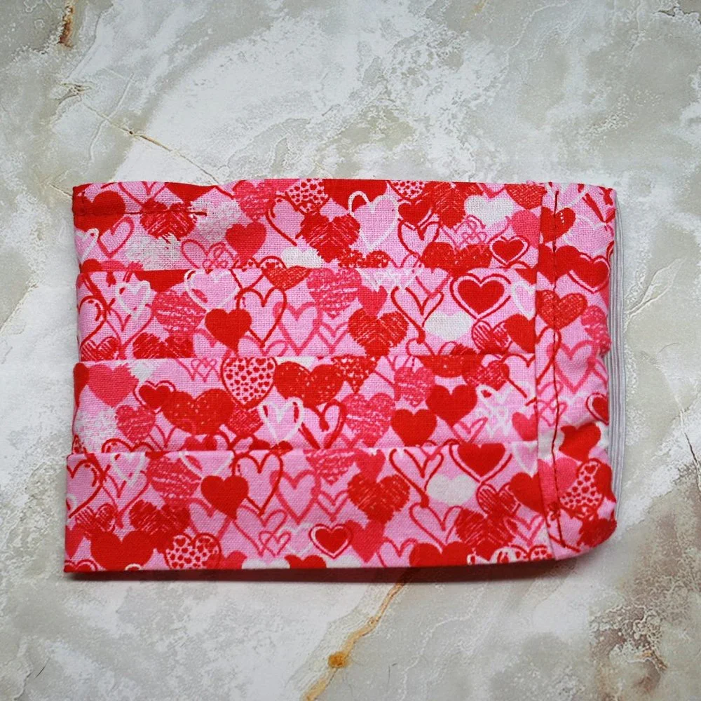 HAND CRAFTED Face Mask Hearts Pink Adult Cloth Fabric Print - Pocket Style
